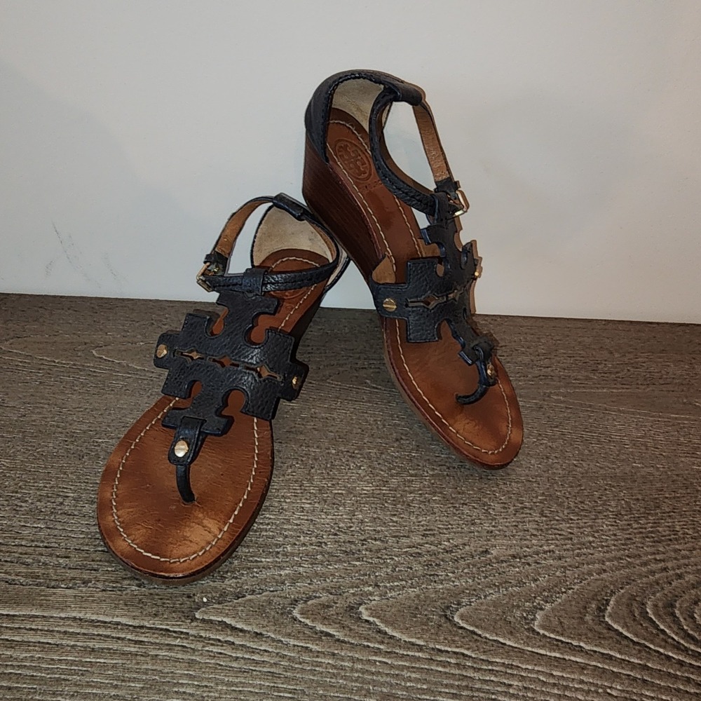 Tory Burch Phoebe Navy‎ Leather Wedge Sandals Double T Logo Resort 6.5 M Preppy
